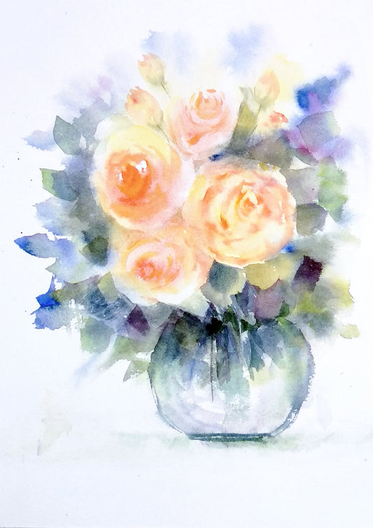A Vase fresh summer roses watercolor painting