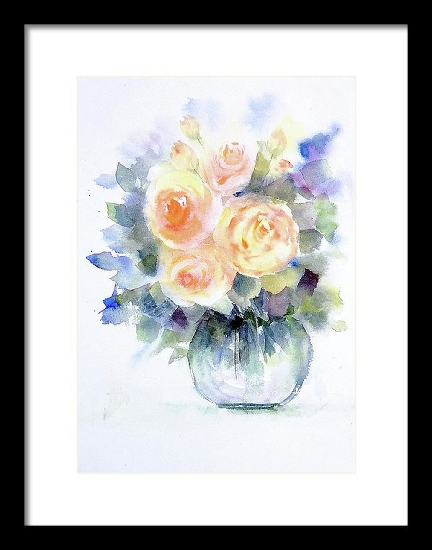 In a virtual frame A Vase fresh summer roses watercolor painting