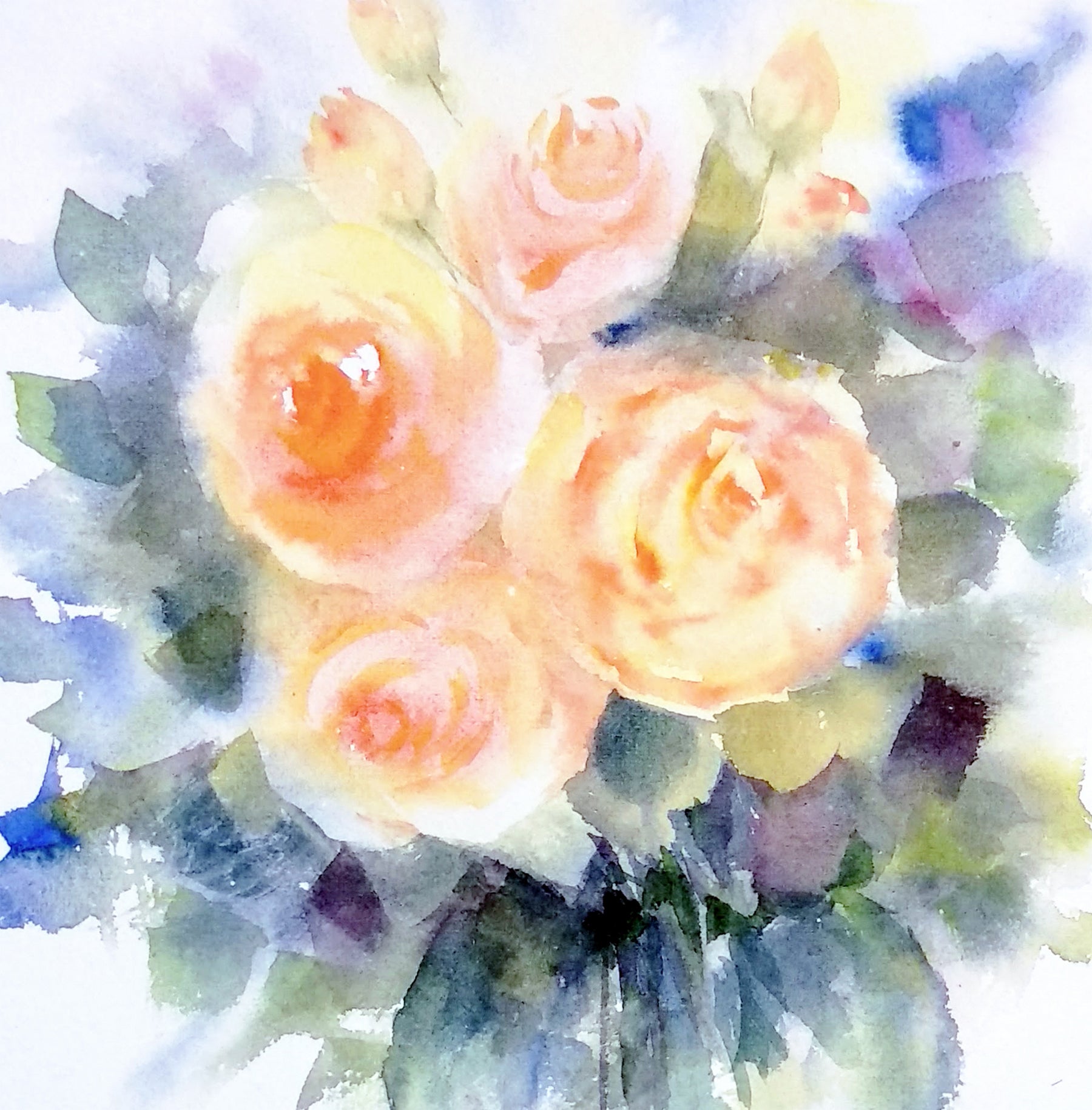 closeup of A Vase fresh summer roses watercolor painting