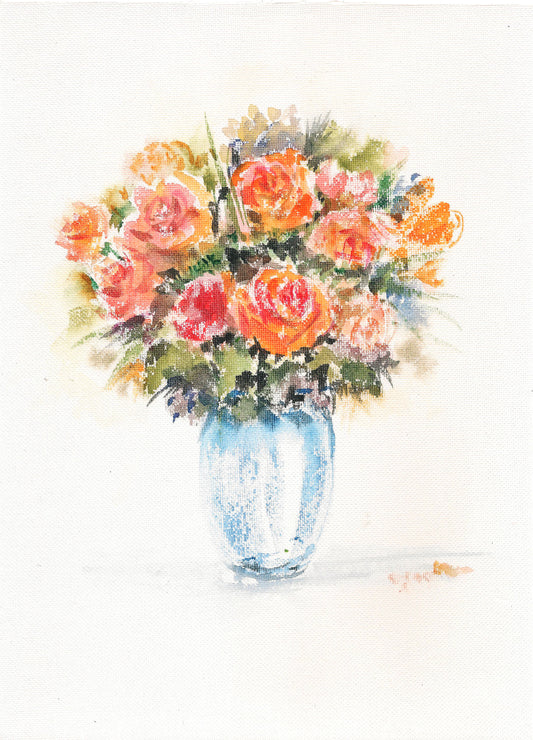 Yellow and orange roses in a vase watercolor painting
