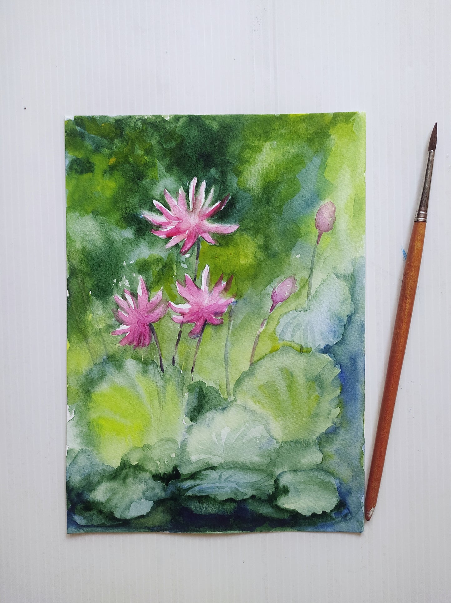 Pink water lilies, watercolor painting, handmade art