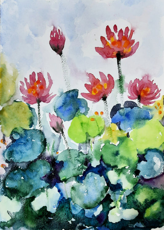 crimson water lilies watercolor painting