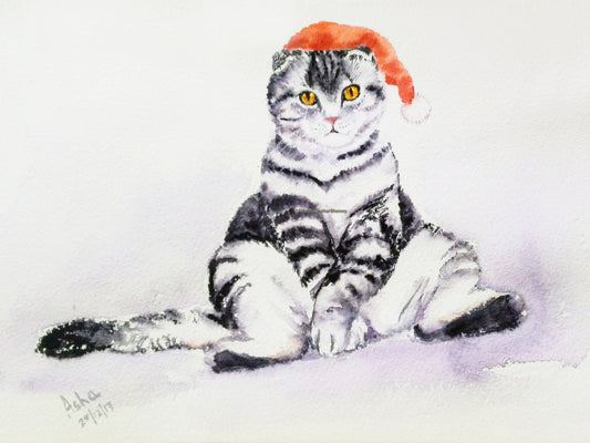 Cute Cat with a Christmas cap, 9"x12", Watercolor art print on canvas
