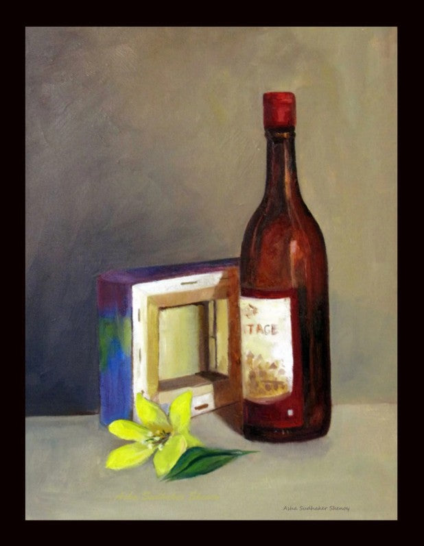 Still life painting of a wine bottle and canvas, framed view