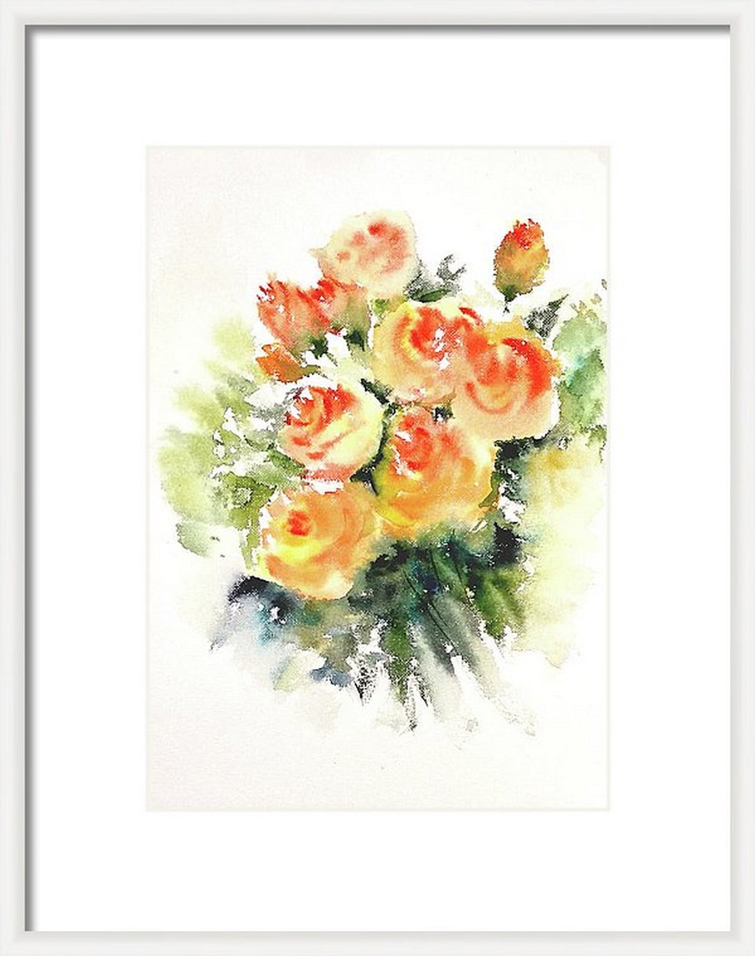 Virtual frame view of  Bouquet of cream and orange roses, watercolor painting