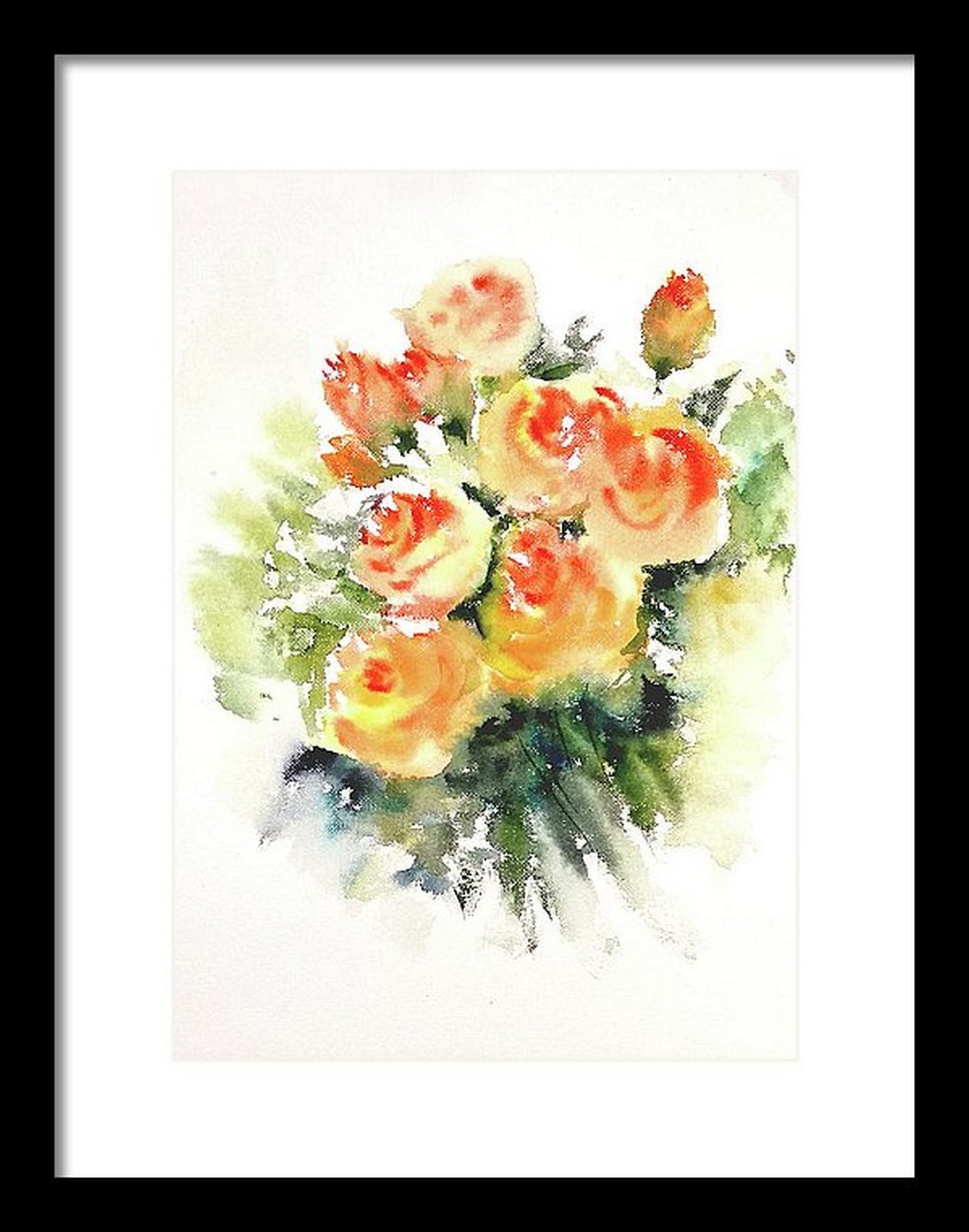 Virtual frame view of Bouquet of cream and orange roses, watercolor painting