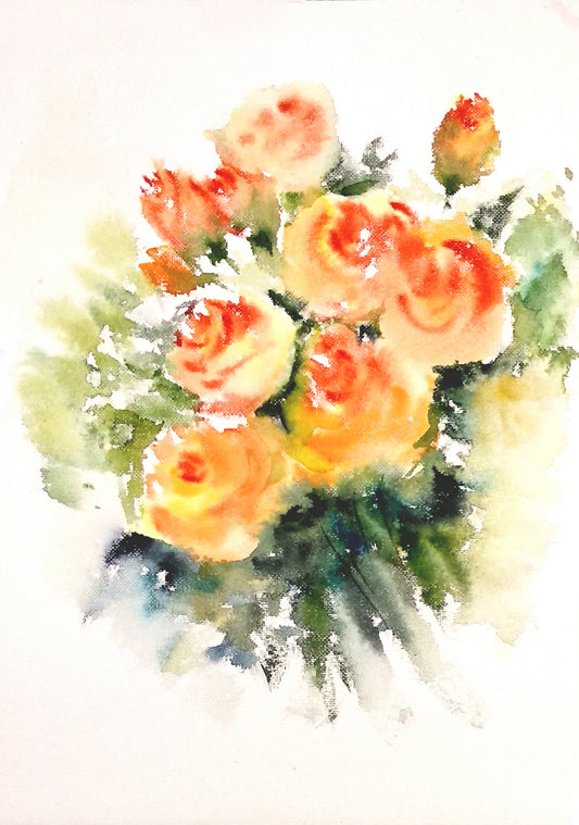 Bouquet of cream and orange roses, watercolor painting