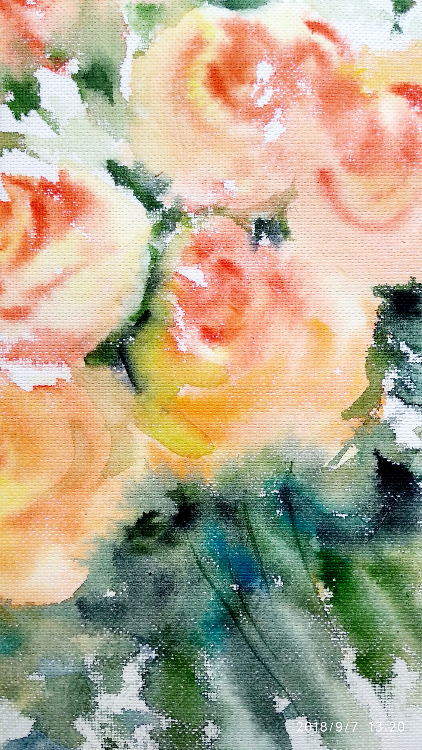 close-up view of Bouquet of cream and orange roses, watercolor painting