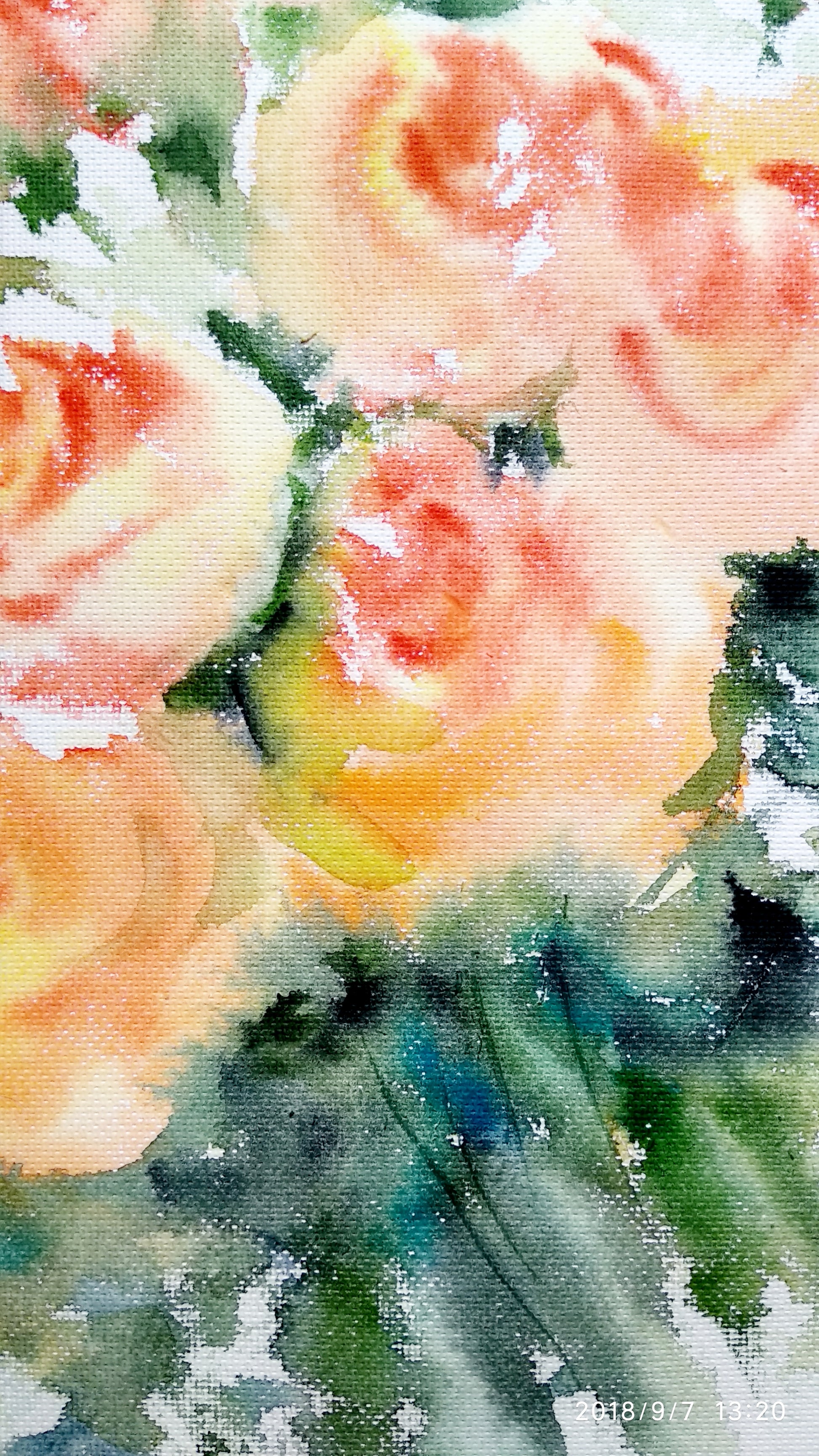 close-up view of Bouquet of cream and orange roses, watercolor painting
