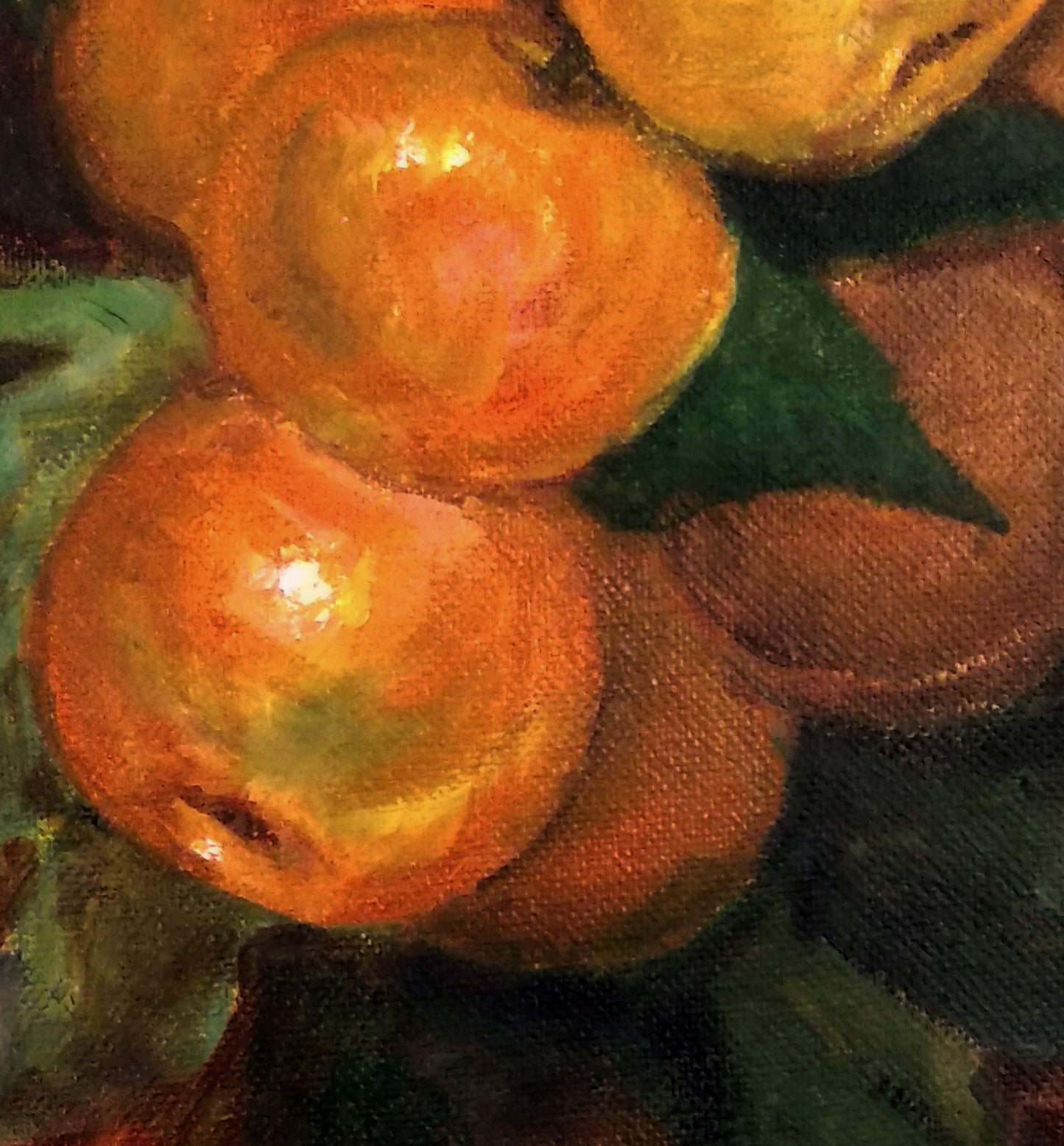 close-up Clementine on a branch, acrylic painting on canvas