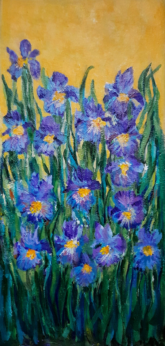 Garden iris flowers, acrylic painting on canvas panel