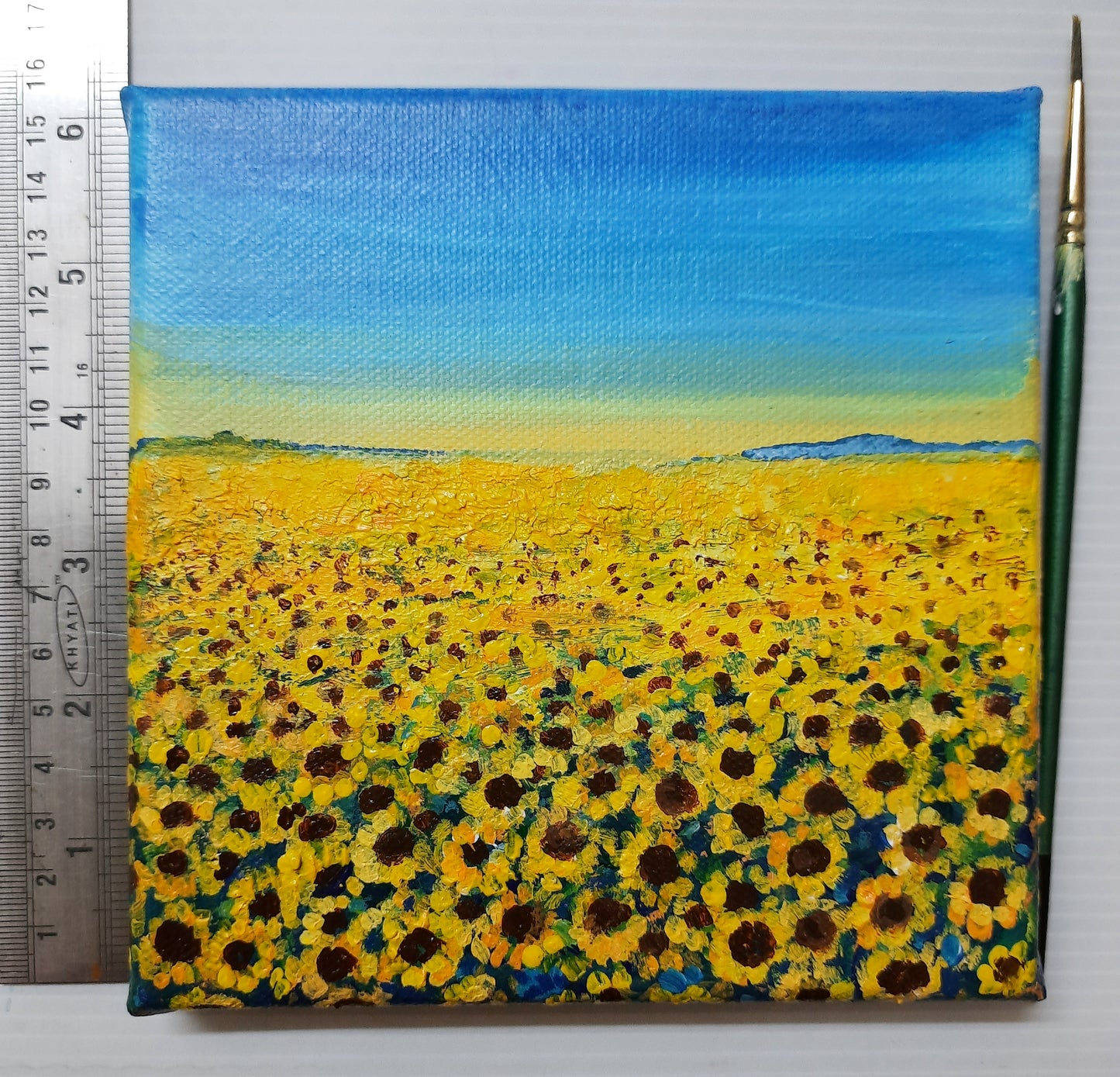 Studio view, Sunflower fields in summer, Miniature landscape painting on canvas