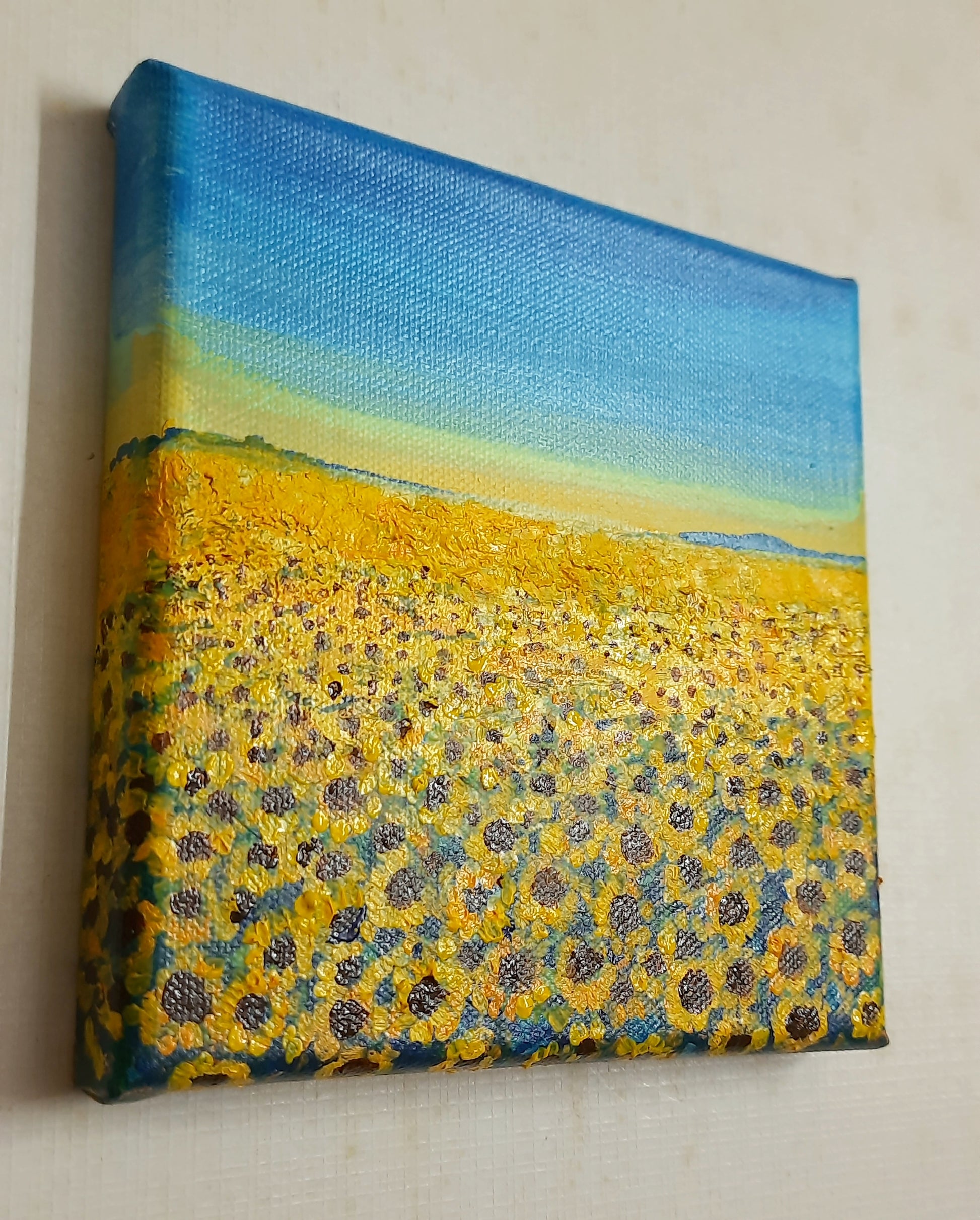 Edge view, Sunflower fields in summer, Miniature landscape painting on canvas
