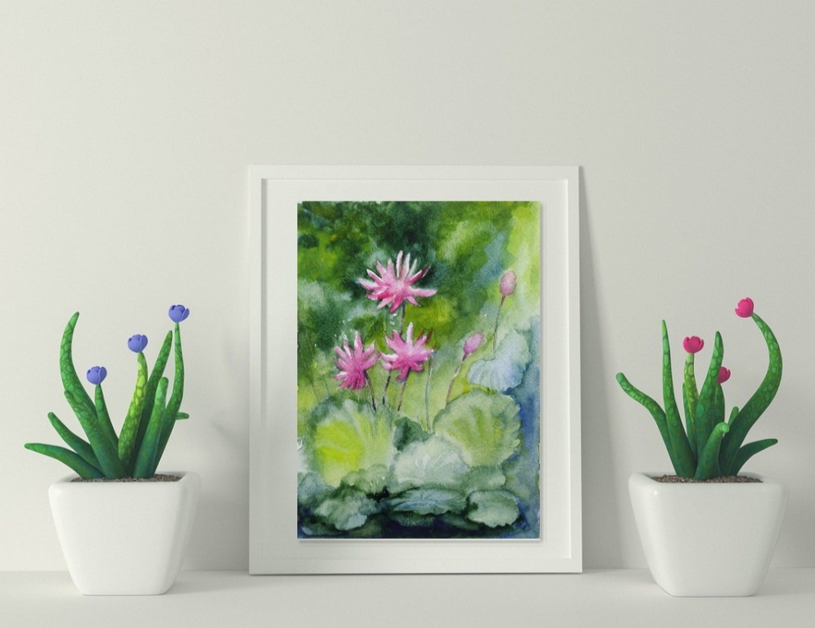 In a virtual room setting, Pink water lilies, watercolor painting