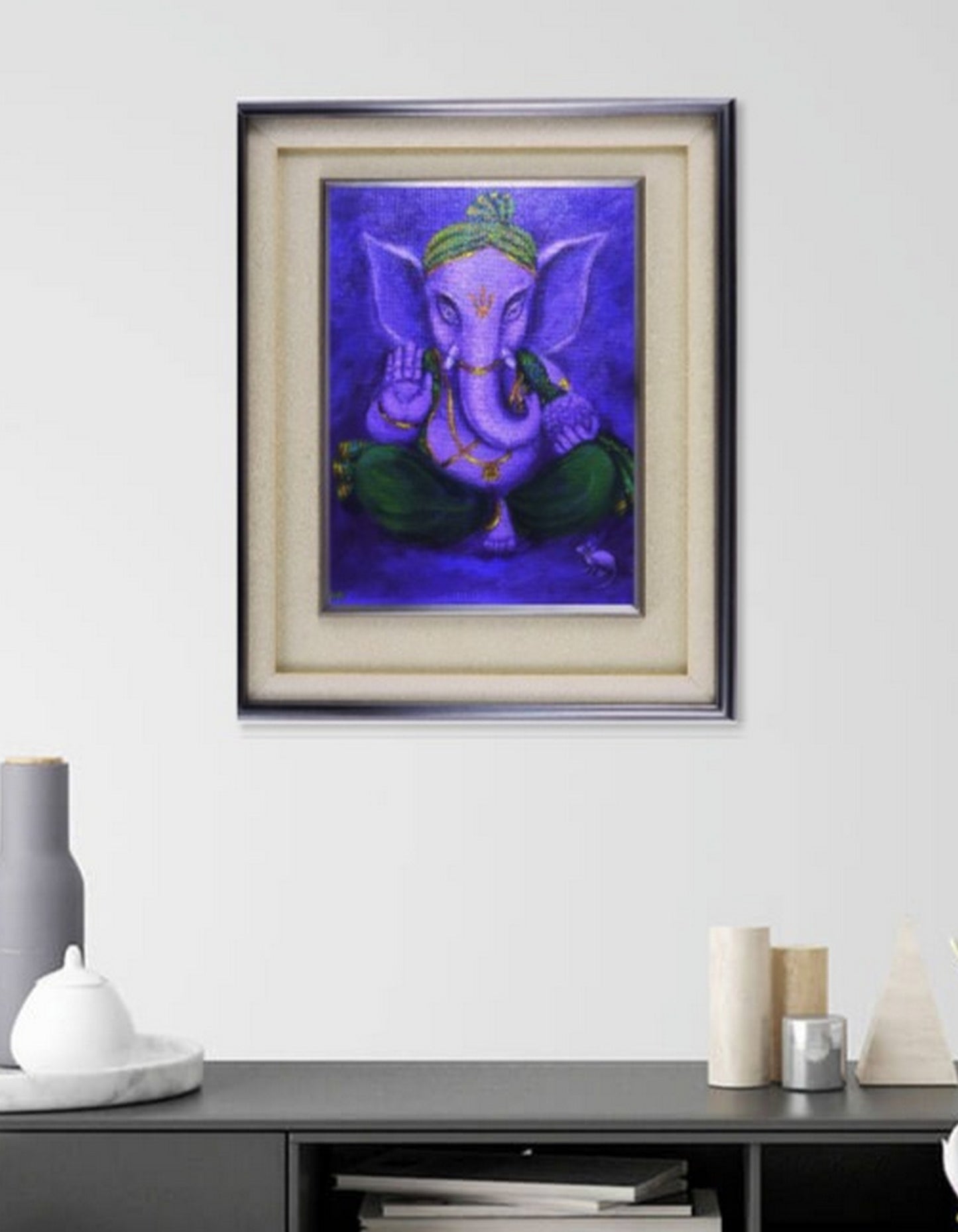 Cute Purple Ganesha the Indian God, acrylic painting on canvas panel